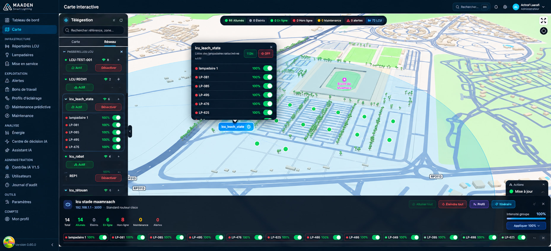MAADEN smart lighting IoT platform showing an interactive map and remote street-light controls