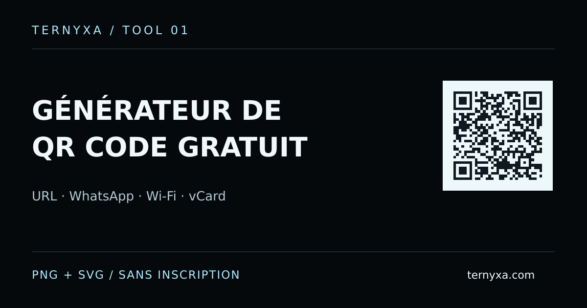 Générateur de QR code gratuit Ternyxa : URL, WhatsApp, Wi-Fi et vCard